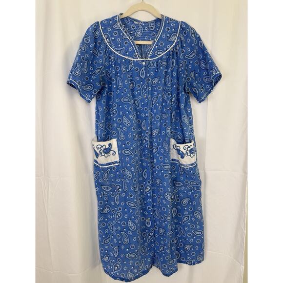 Unbranded Dresses & Skirts - Vintage 70s Blue Paisley House Dress Embroidered Pockets Cowgirl Mini